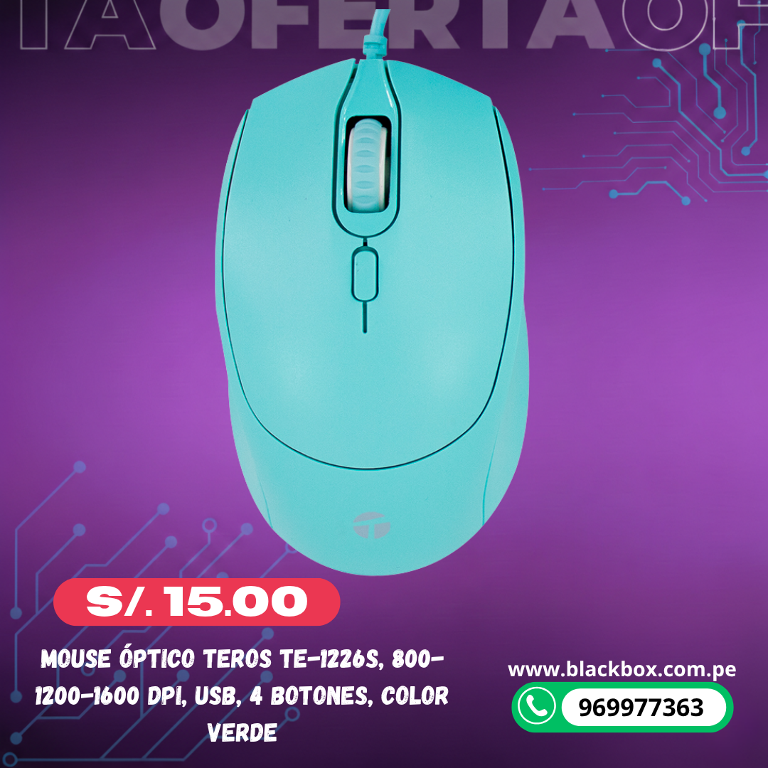 Mouse óptico TEROS TE-1227S, 800-1200-1600 DPI, USB, 4 botones, color verde