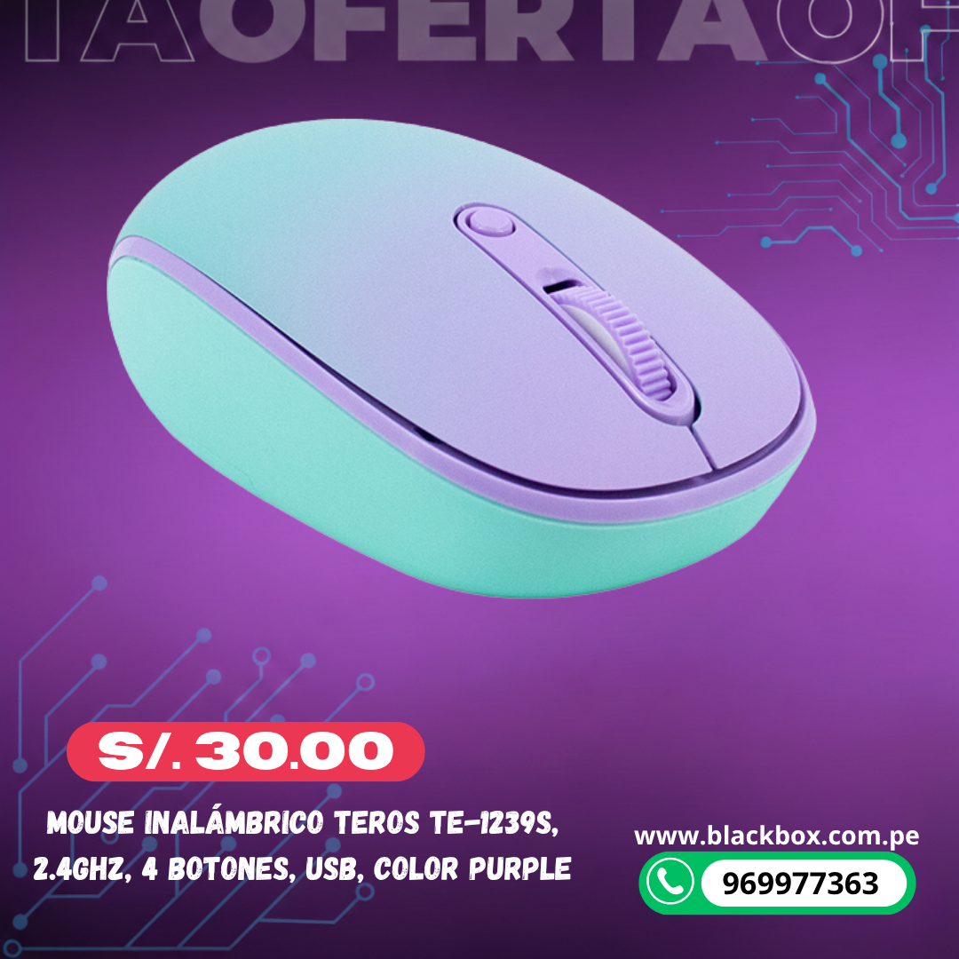Mouse Inalámbrico Teros TE-1239S, 2.4GHz, 4 botones, USB, Color Purple