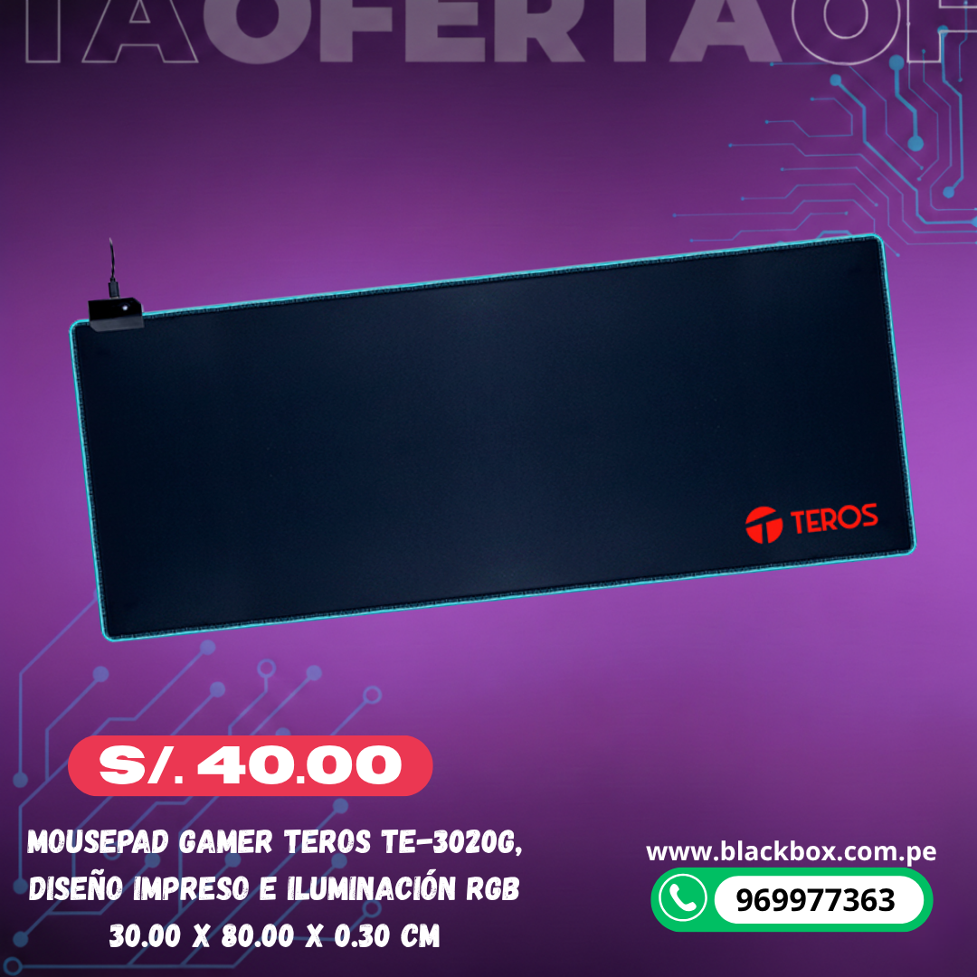Mousepad gamer TEROS TE-3020G, diseño impreso e iluminación RGB