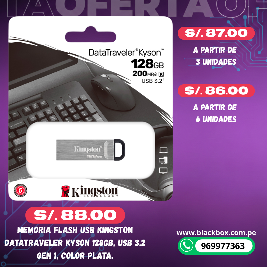 Memoria Flash USB Kingston DataTraveler Kyson, USB 3.2 Gen 1, Plata TAMAÑOS VARIOS