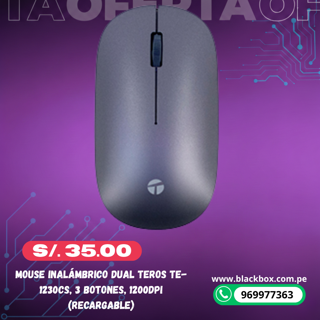 Mouse inalámbrico dual TEROS TE-1230CS, 3 botones, 1200DPI