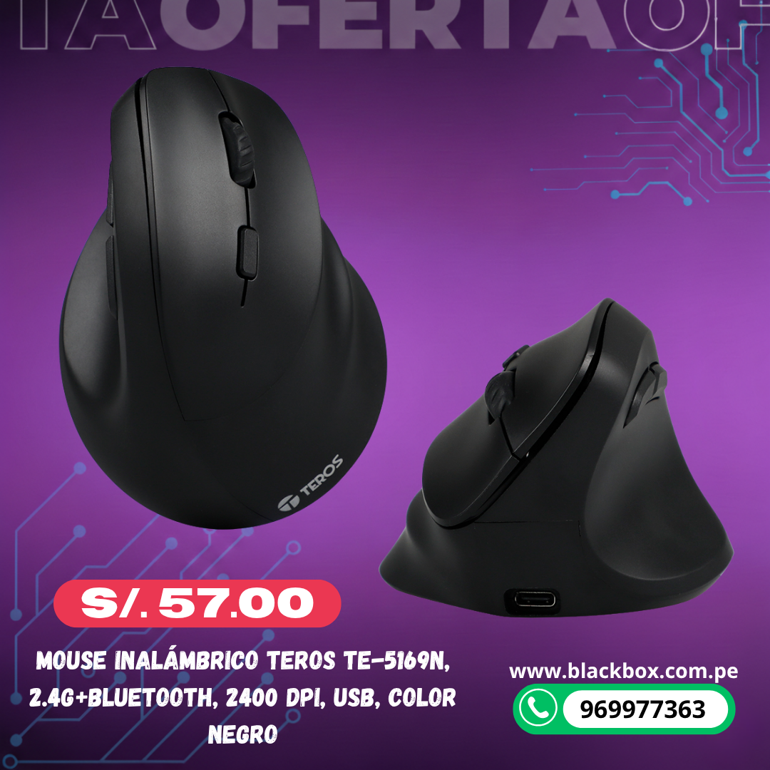 Mouse Inalámbrico Teros TE-5169N, 2.4G+Bluetooth, 2400 DPI, USB, Color Negro, recargable