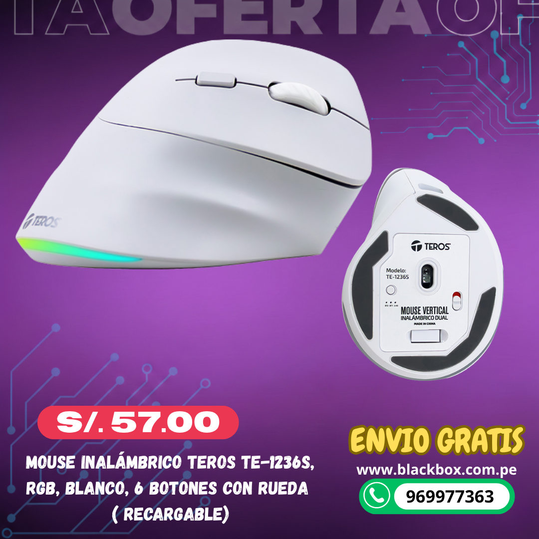 Mouse inalámbrico TEROS TE-1236S, RGB, Blanco, 6 botones con rueda