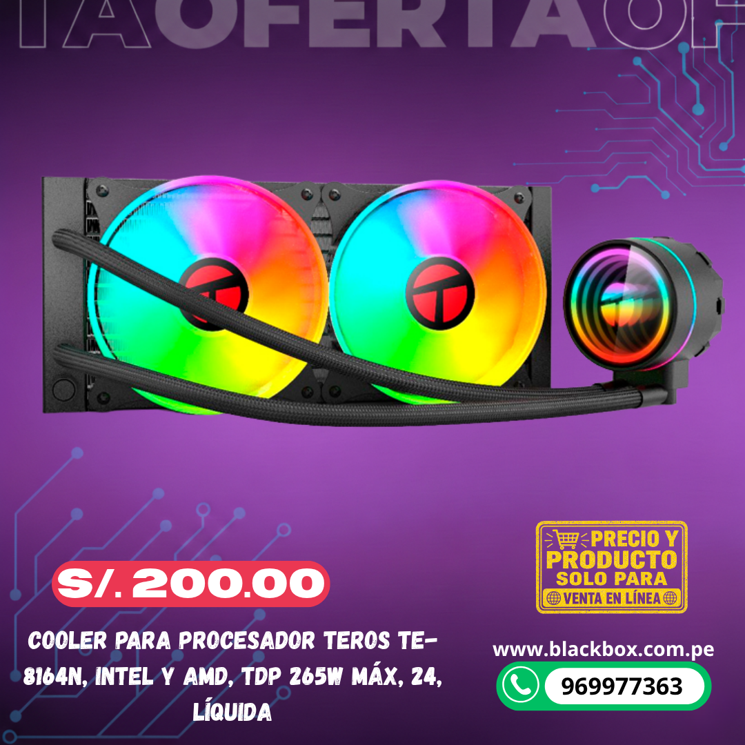 Cooler para procesador Teros TE-8164N, Intel y AMD, TDP 265W Máx, 24, líquida