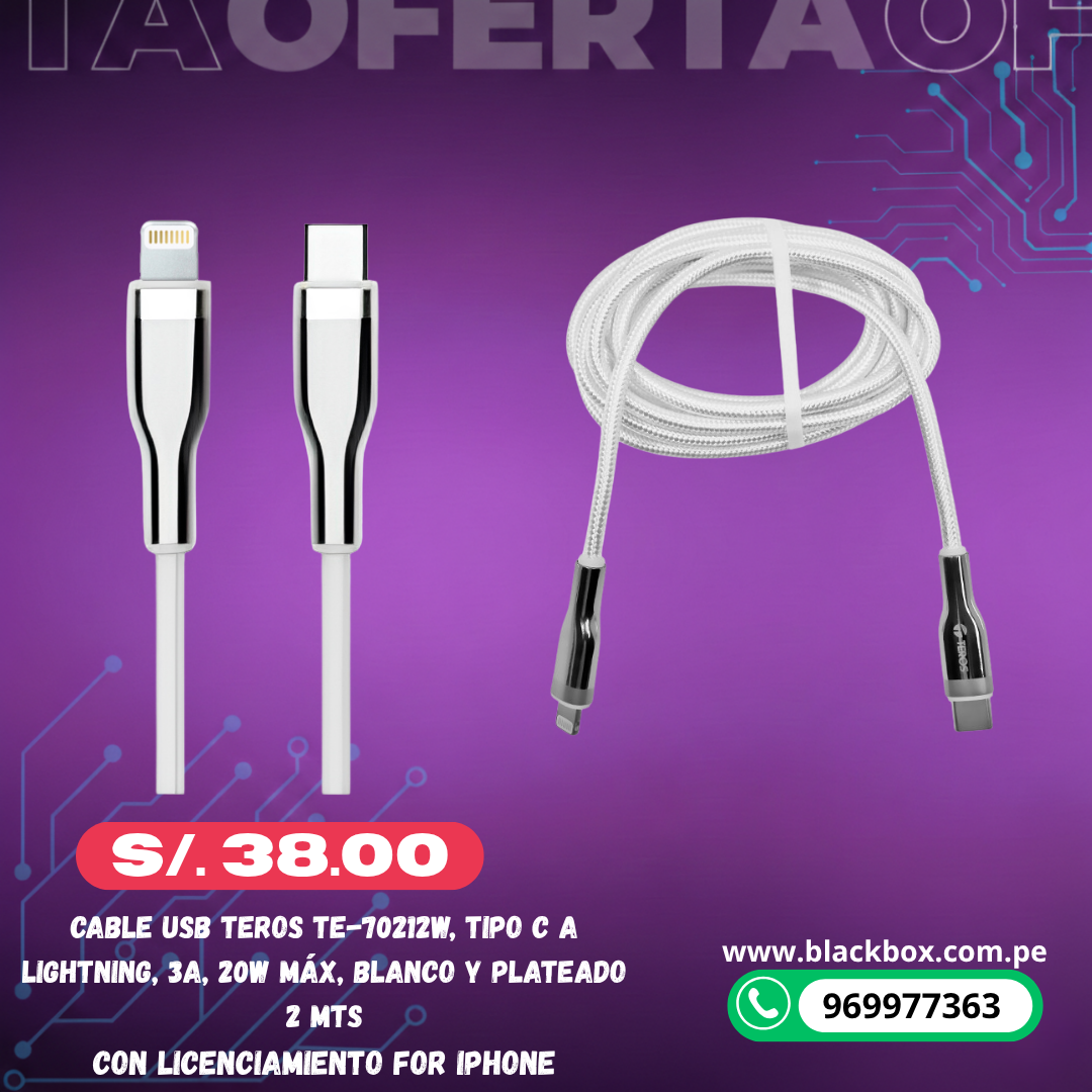 Cable USB TEROS TE-70212W, Tipo C a Lightning, 3A, 20W Máx, blanco y plateado