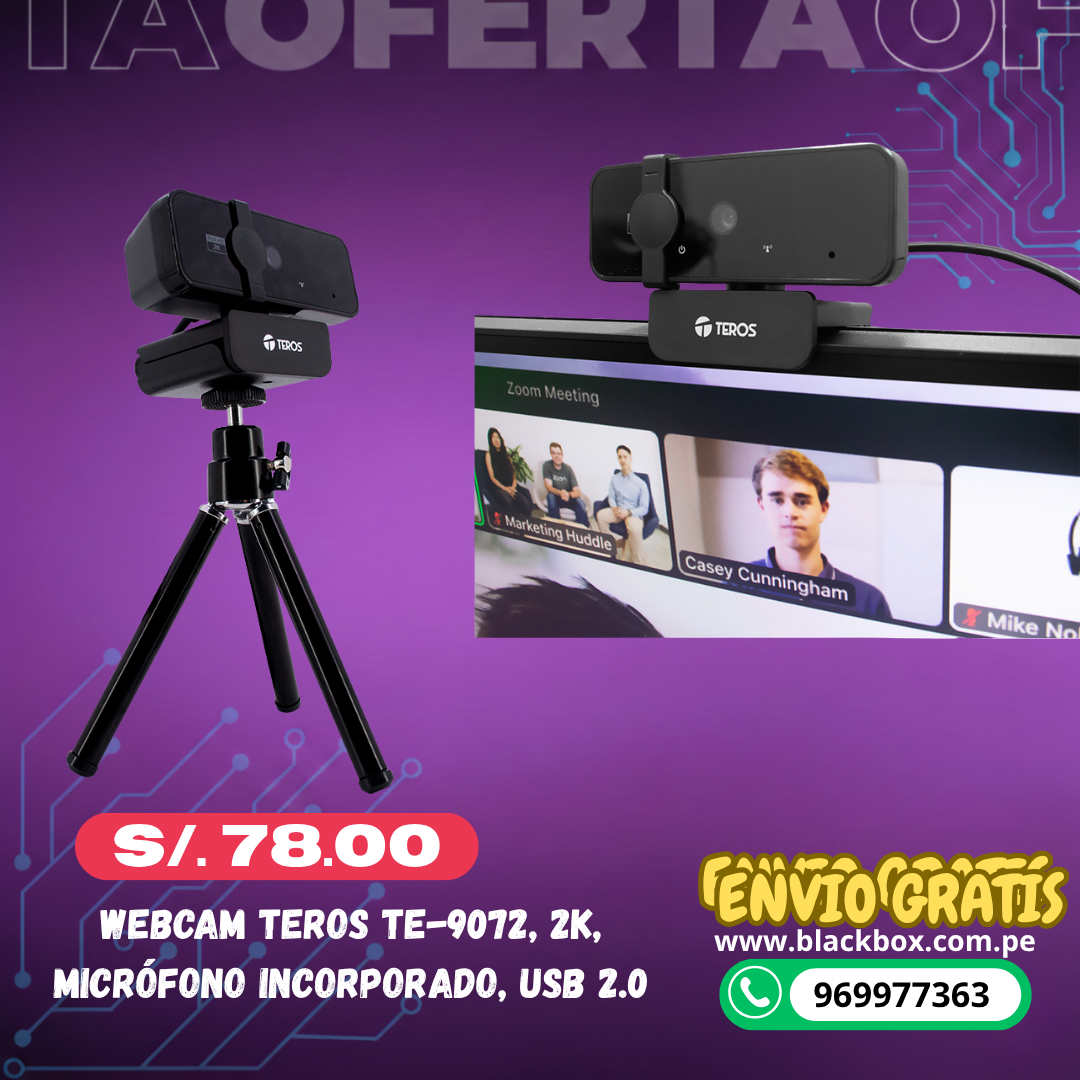 Webcam TEROS TE-9072, 2K, micrófono incorporado, USB 2.0