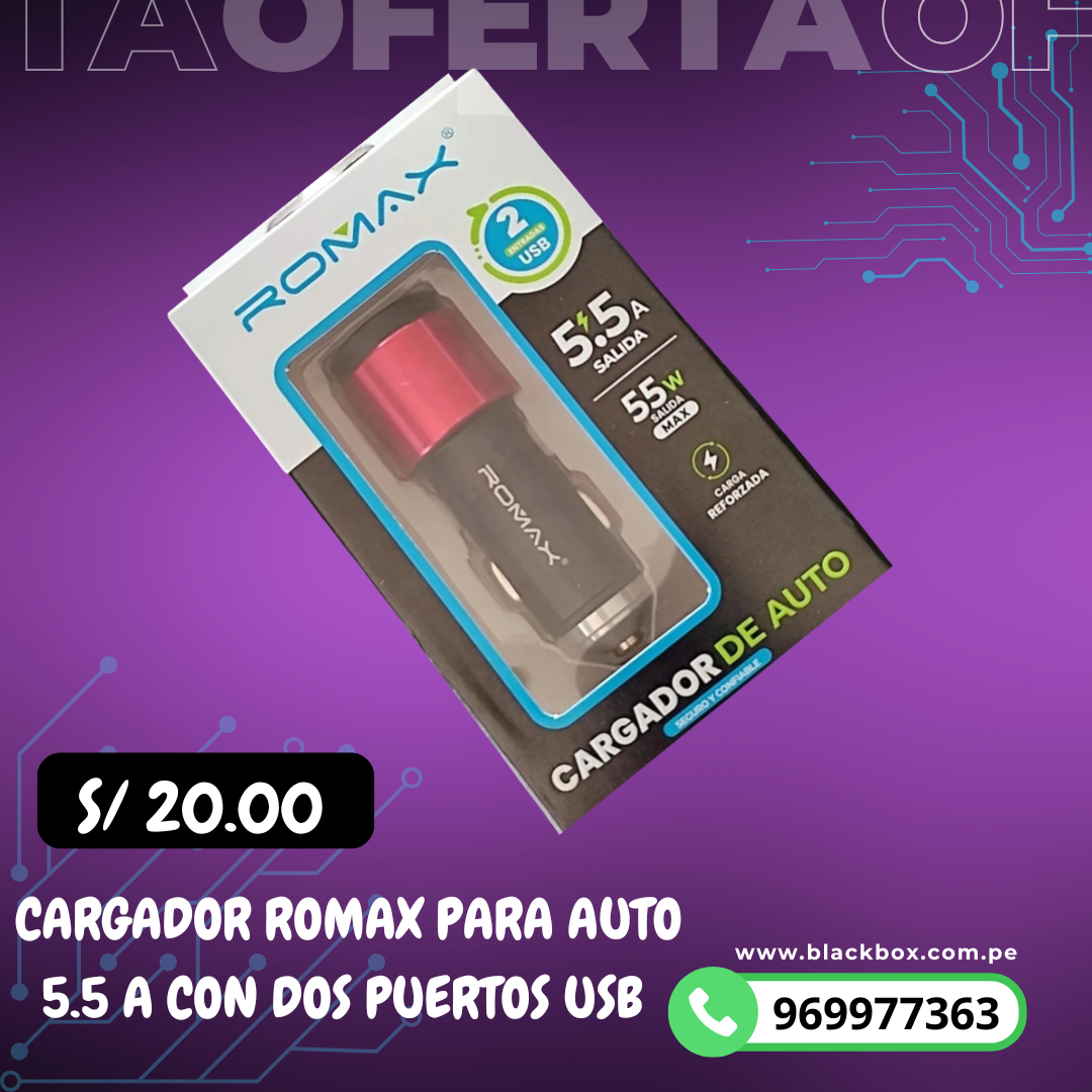 CARGADOR ROMAX PARA AUTO 5.5 A CON DOS PUERTOS USB