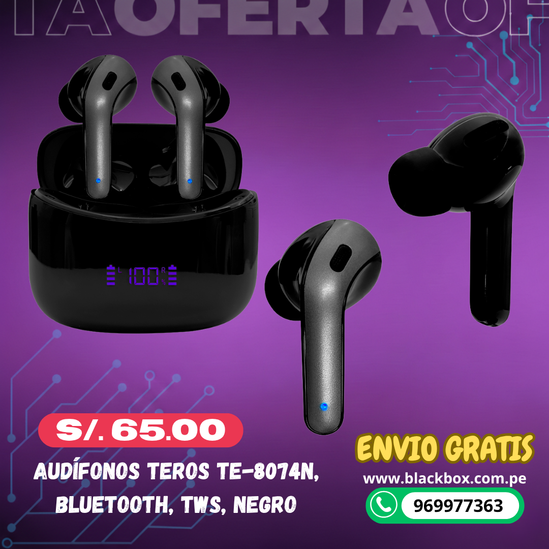 Audífonos TEROS TE-8074N, Bluetooth, TWS, negro