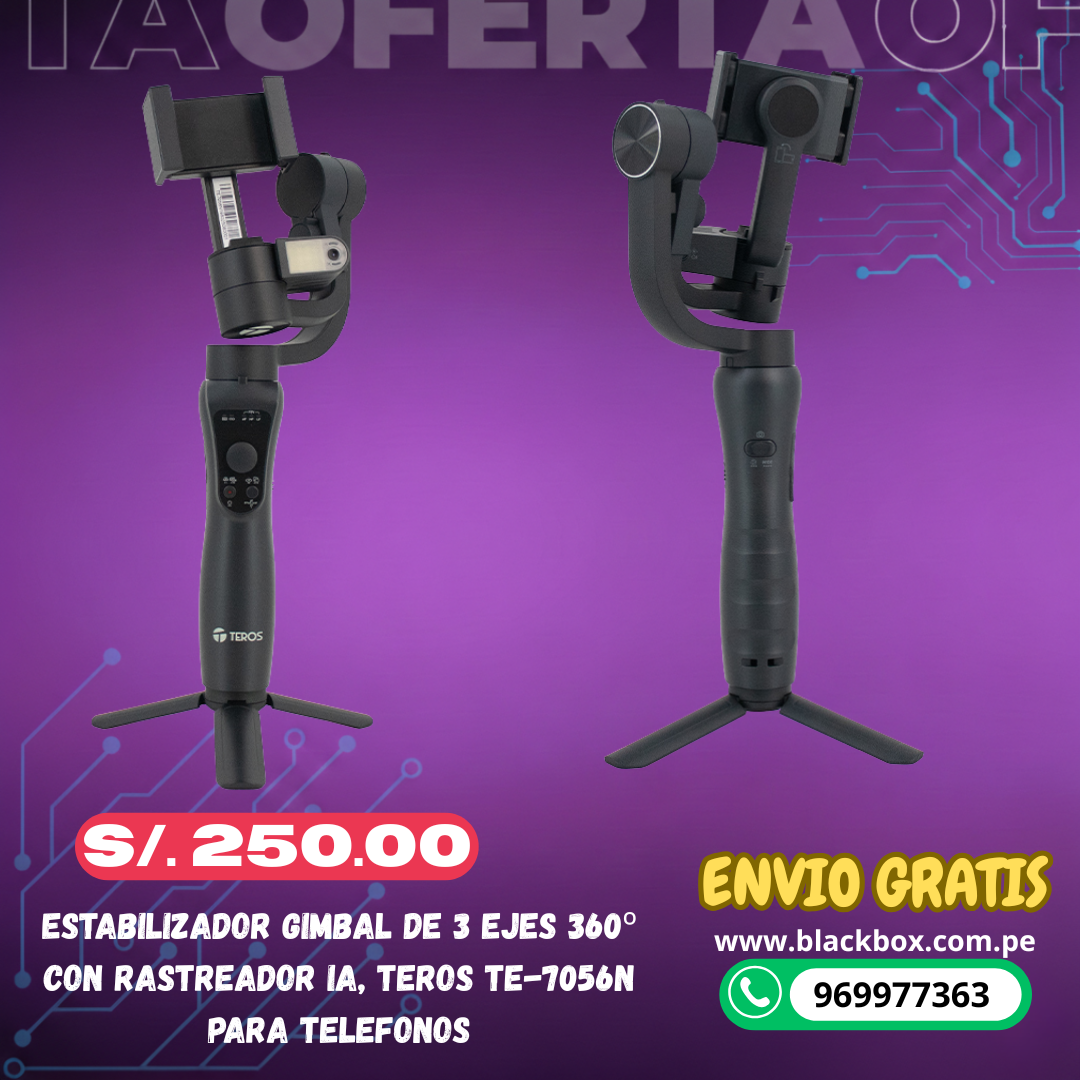 Estabilizador Gimbal de 3 ejes 360º con rastreador IA, TEROS TE-7056N para telefonos
