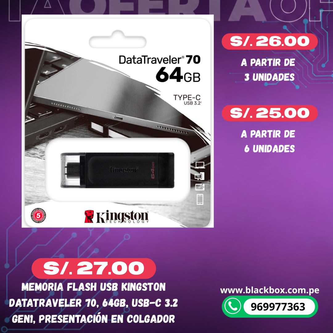 Memoria Flash USB Kingston DataTraveler 70, 64GB, USB-C 3.2 Gen1, presentación en colgador