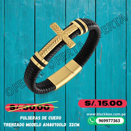 PULSERA  CUERO TRENZADO  22CM A14807GOLD