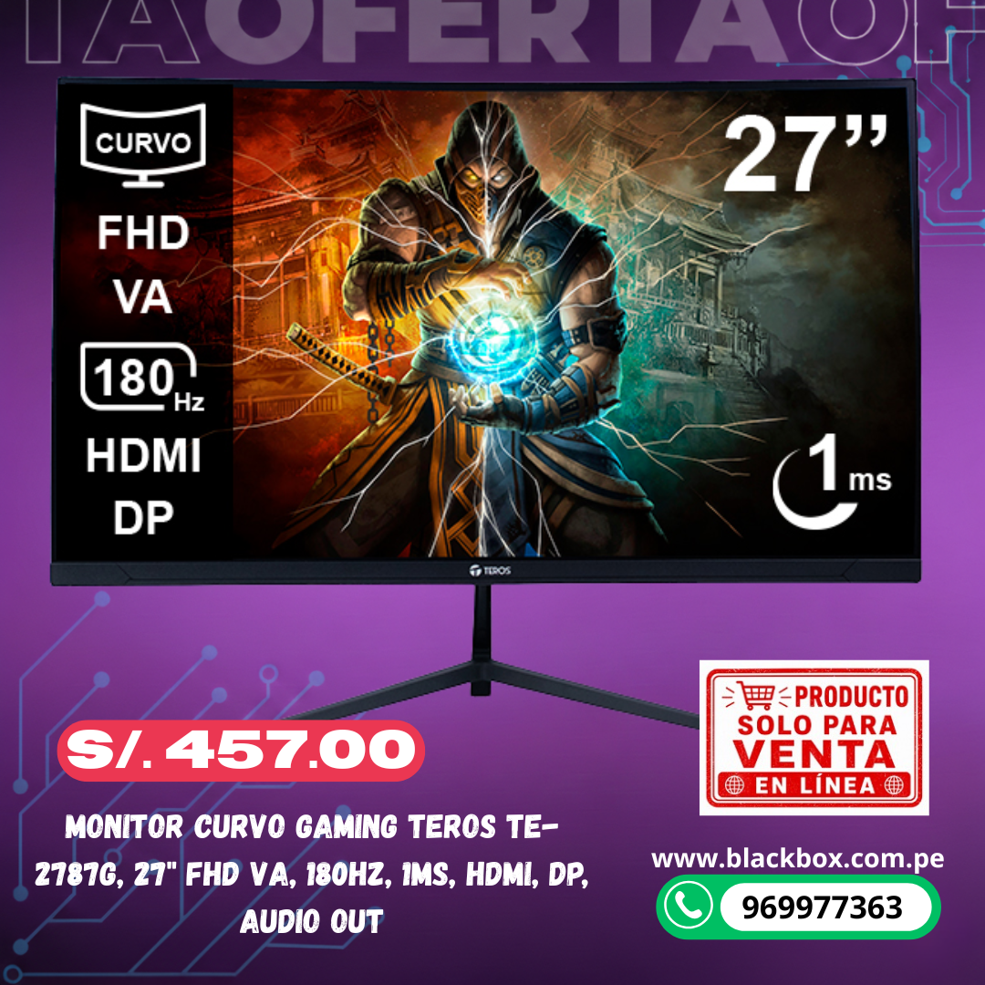 Monitor curvo gaming TEROS TE-2787G, 27" FHD VA, 180Hz, 1ms, HDMI, DP, Audio out