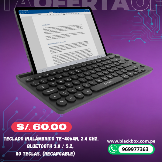 Teclado inalámbrico TEROS TE-4064N, 2.4 GHz, bluetooth 3.0 / 5.2, 80 teclas, negro