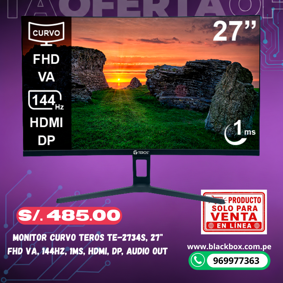 Monitor curvo TEROS TE-2734S, 27" FHD VA, 144HZ, 1MS, HDMI, DP, Audio out