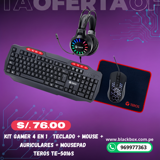 Kit gamer 4 en 1 Teclado + Mouse + Auriculares + Mousepad TEROS TE-5016S