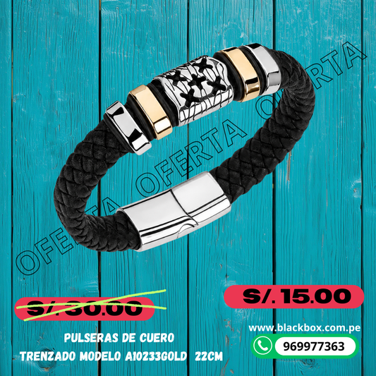 PULSERA  CUERO TRENZADO  22CM A10233GOLD