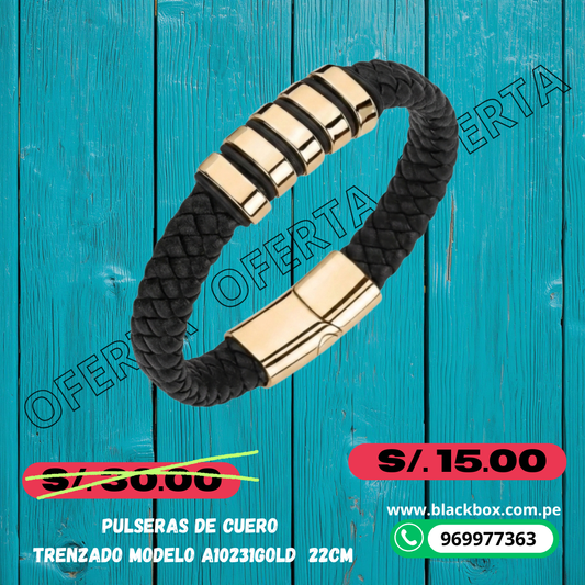 PULSERA  CUERO TRENZADO  22CM A10231GOLD