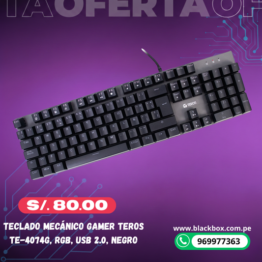 Teclado gamer TEROS TE-4074G, RGB, USB 2.0, negro