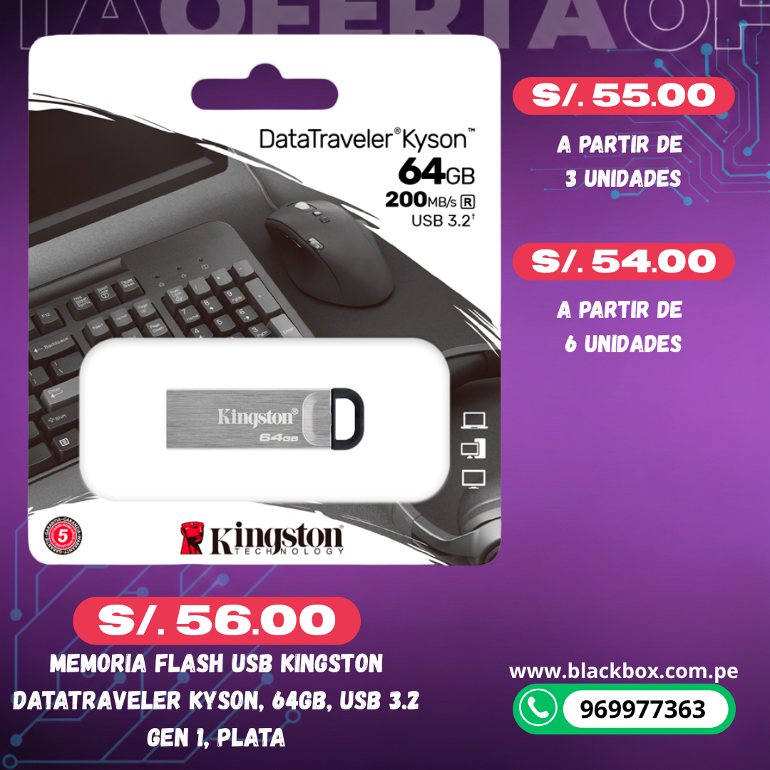 Memoria Flash USB Kingston DataTraveler Kyson, USB 3.2 Gen 1, Plata TAMAÑOS VARIOS