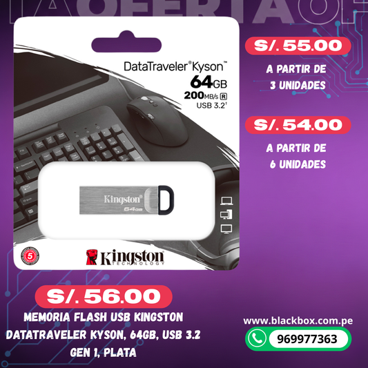 Memoria Flash USB Kingston DataTraveler Kyson, USB 3.2 Gen 1, Plata TAMAÑOS VARIOS