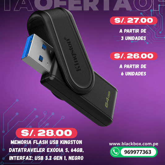 Memoria Flash USB Kingston DataTraveler Exodia S, interfaz: USB 3.2 Gen 1, TAMAÑOS VARIOS