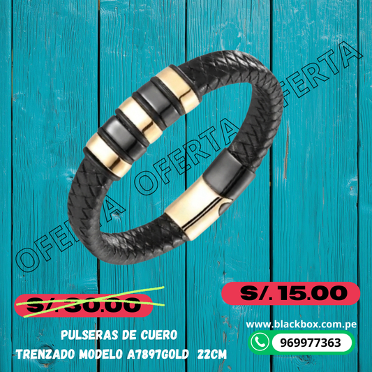 PULSERA  CUERO TRENZADO  22CM A7897GOLD