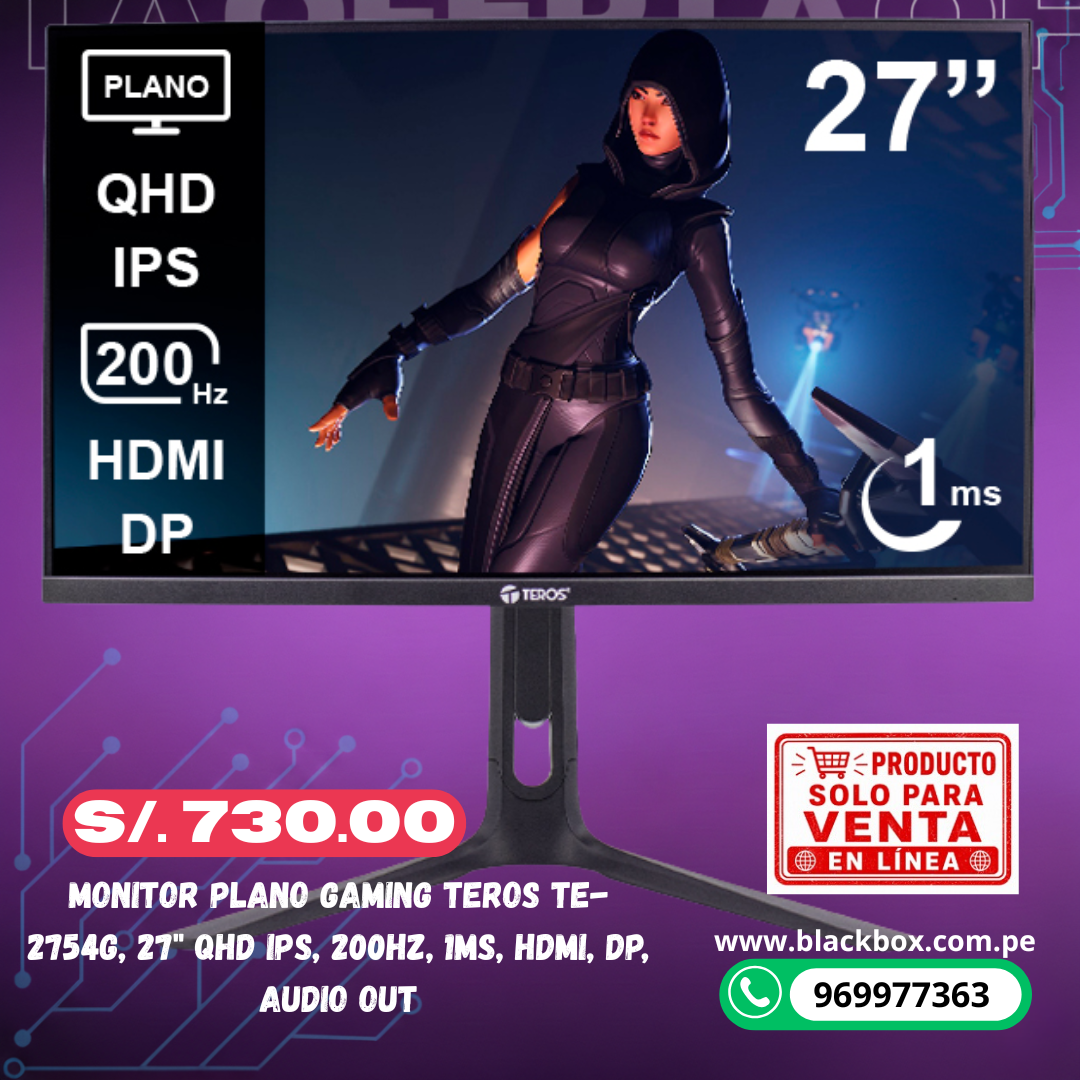 Monitor plano gaming TEROS TE-2754G, 27" QHD IPS, 200Hz, 1ms, HDMI, DP, Audio out