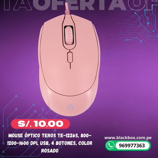 Mouse Óptico Teros TE-1226S, 800-1200-1600 DPI, USB, 4 Botones, Color Rosado