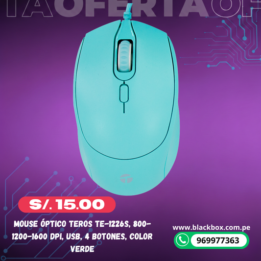 Mouse óptico TEROS TE-1227S, 800-1200-1600 DPI, USB, 4 botones, color verde
