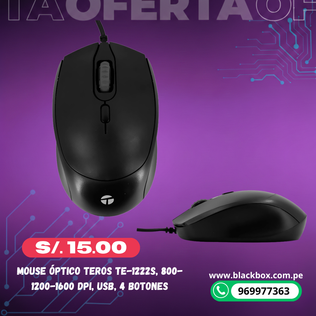 Mouse óptico TEROS TE-1222S, 800-1200-1600 DPI, USB, 4 botones