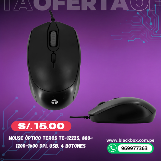 Mouse óptico TEROS TE-1222S, 800-1200-1600 DPI, USB, 4 botones