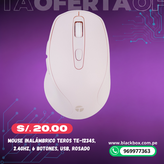 Mouse inalámbrico TEROS TE-1234S, 2.4GHz, 6 botones, USB, rosado