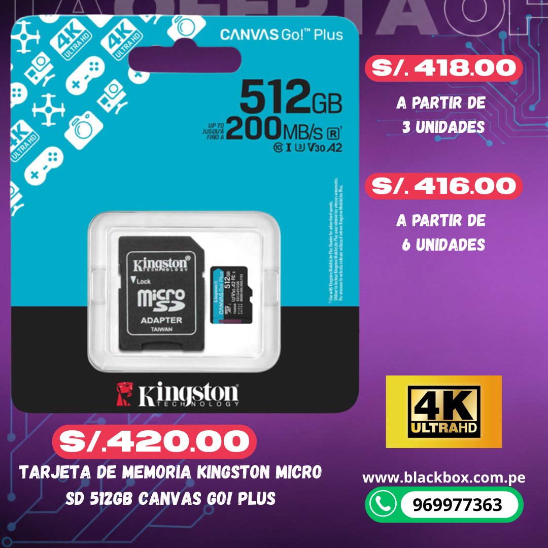 Tarjeta de Memoria Kingston Micro SD Canvas Go! Plus TAMAÑOS VARIOS