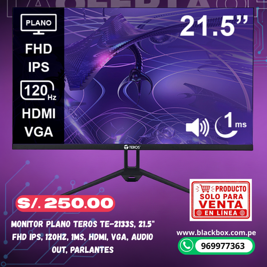Monitor plano TEROS TE-2133S, 21.5" FHD IPS, 120Hz, 1ms, HDMI, VGA, Audio out, Parlantes