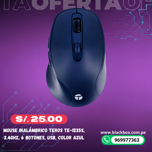 Mouse Inalámbrico Teros TE-1235S, 2.4GHz, 6 Botones, USB, Color Azul