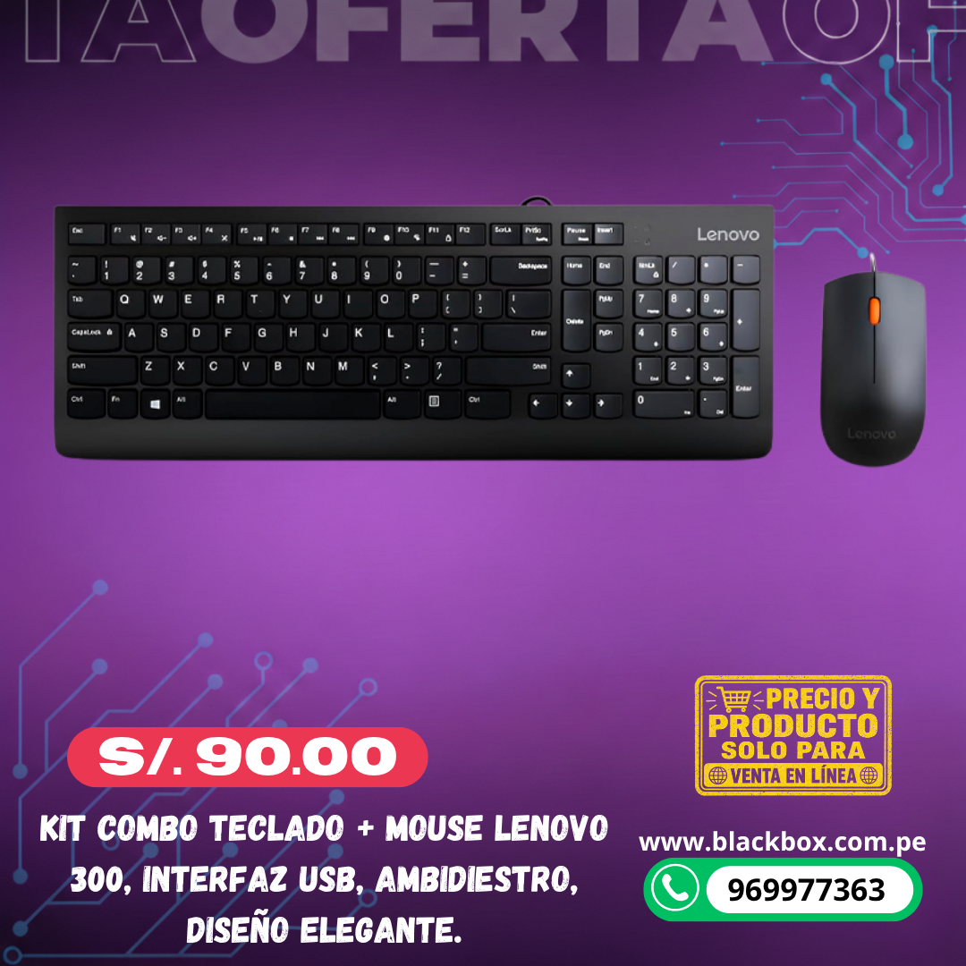 Kit Combo Teclado + Mouse Lenovo 300, Interfaz USB, Ambidiestro, Diseño elegante.