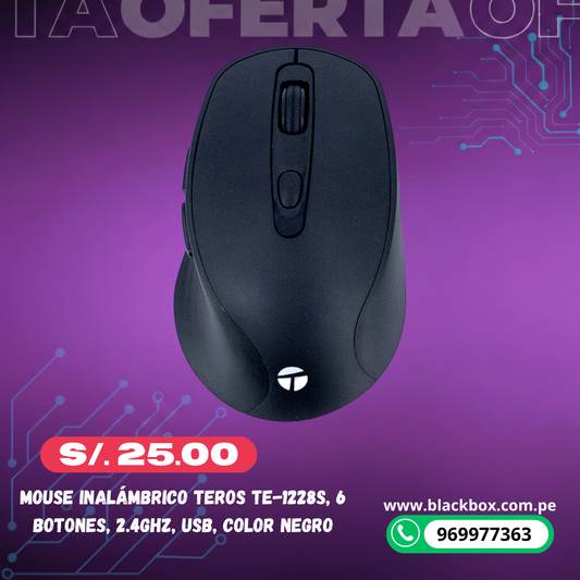 Mouse Inalámbrico Teros TE-1228S, 6 Botones, 2.4GHz, USB, Color Negro