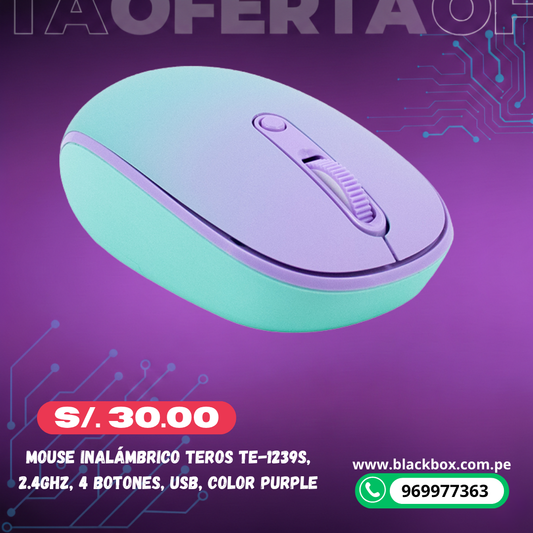 Mouse Inalámbrico Teros TE-1239S, 2.4GHz, 4 botones, USB, Color Purple