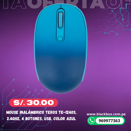 Mouse Inalámbrico Teros TE-1240S, 2.4GHz, 4 Botones, USB, Color Azul