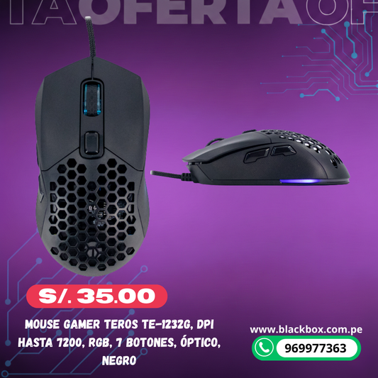 Mouse gamer TEROS TE-1232G, DPI hasta 7200, RGB, 7 botones, óptico, negro