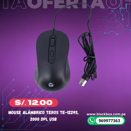 Mouse alámbrico TEROS TE-1229S, 2000 DPI, USB