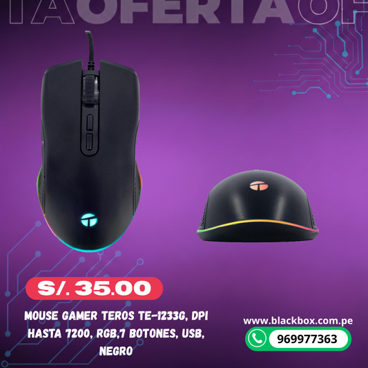 Mouse Gamer Teros TE-1233G, DPI hasta 7200, RGB,7 Botones, USB, Negro