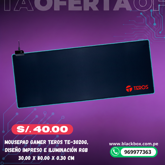 Mousepad gamer TEROS TE-3020G, diseño impreso e iluminación RGB
