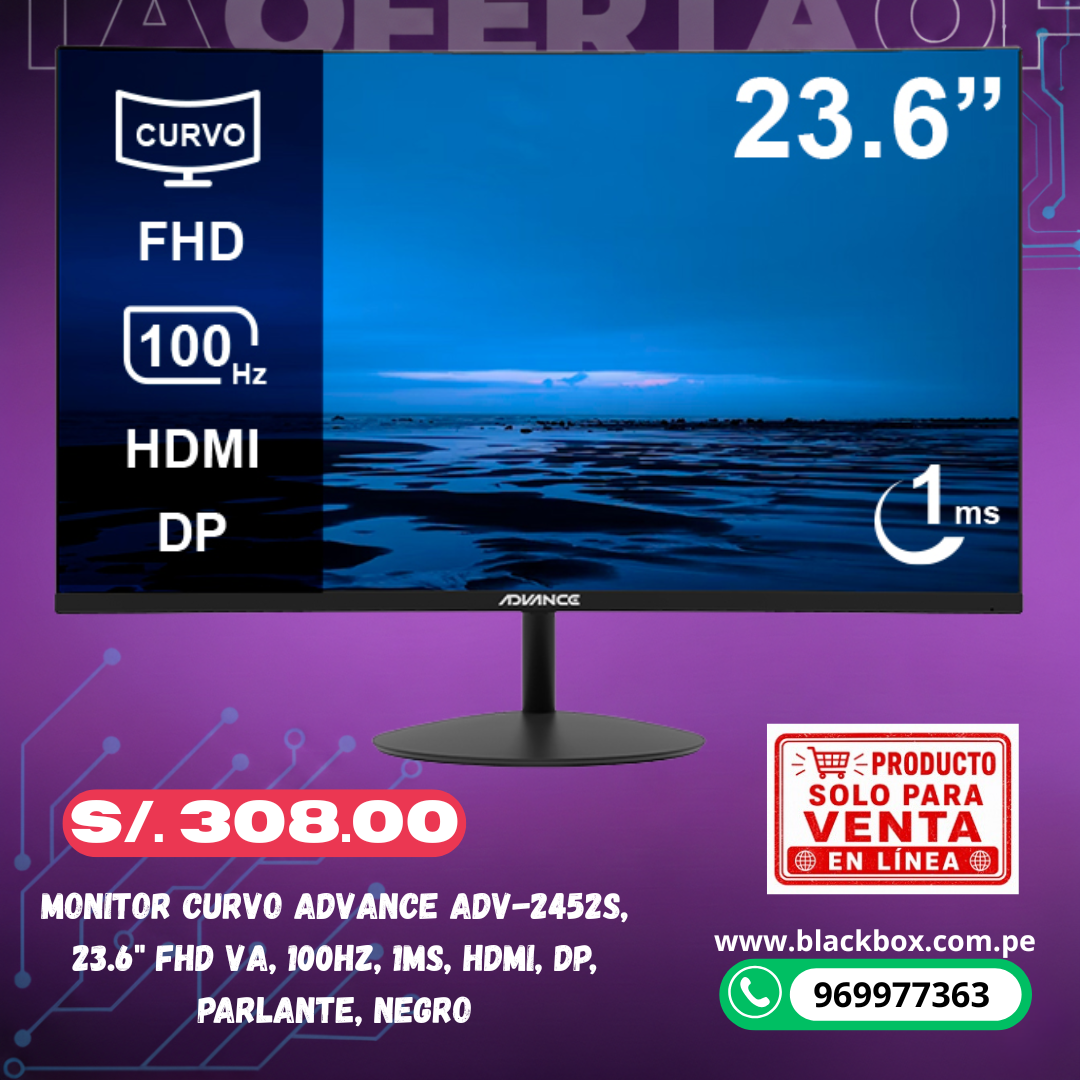 Monitor Curvo Advance ADV-2452S, 23.6" FHD VA, 100Hz, 1ms, HDMI, DP, Parlante, Negro