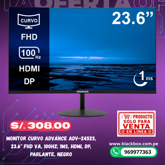 Monitor Curvo Advance ADV-2452S, 23.6" FHD VA, 100Hz, 1ms, HDMI, DP, Parlante, Negro