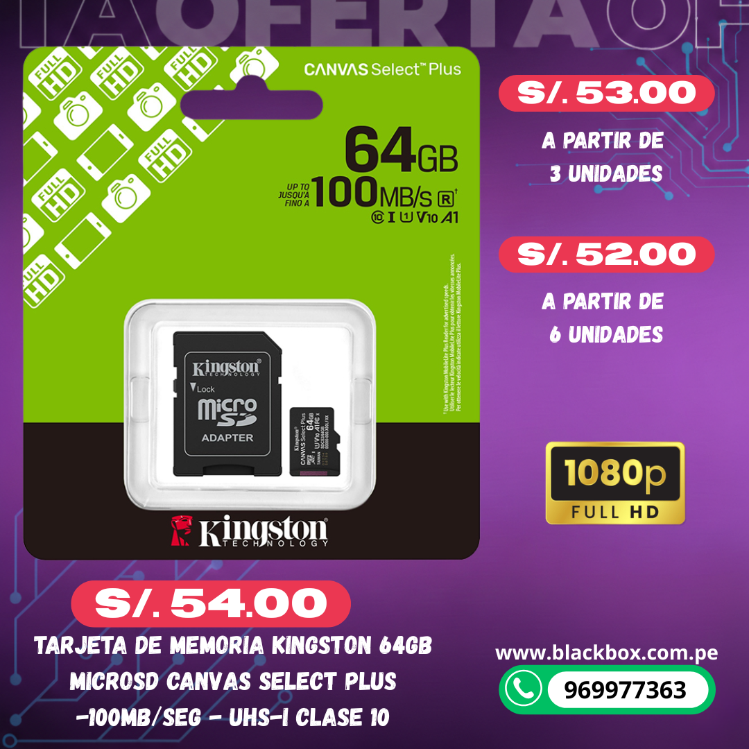 Tarjeta de Memoria Kingston MicroSD Canvas Select Plus -150MB/seg - UHS-I Clase 10