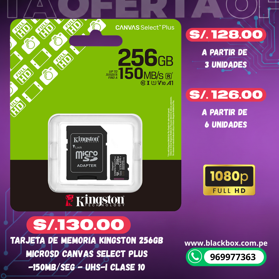 Tarjeta de Memoria Kingston MicroSD Canvas Select Plus -150MB/seg - UHS-I Clase 10