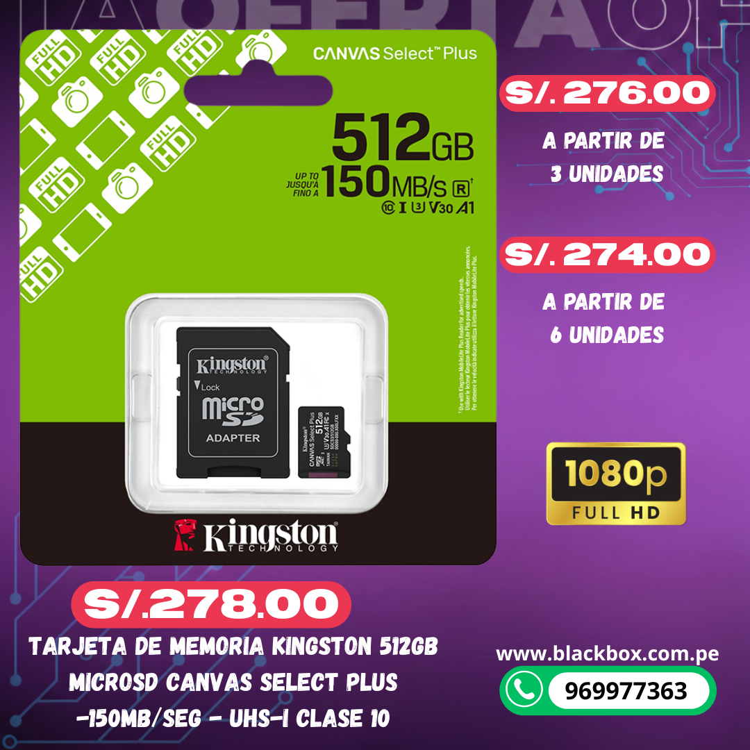 Tarjeta de Memoria Kingston MicroSD Canvas Select Plus -150MB/seg - UHS-I Clase 10