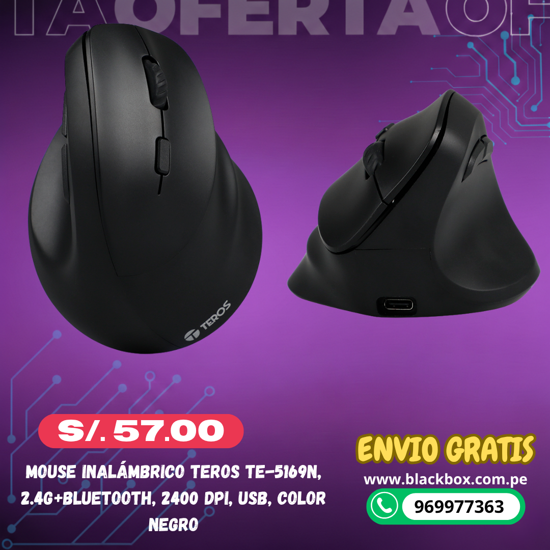 Mouse Inalámbrico Teros TE-5169N, 2.4G+Bluetooth, 2400 DPI, USB, Color Negro, recargable