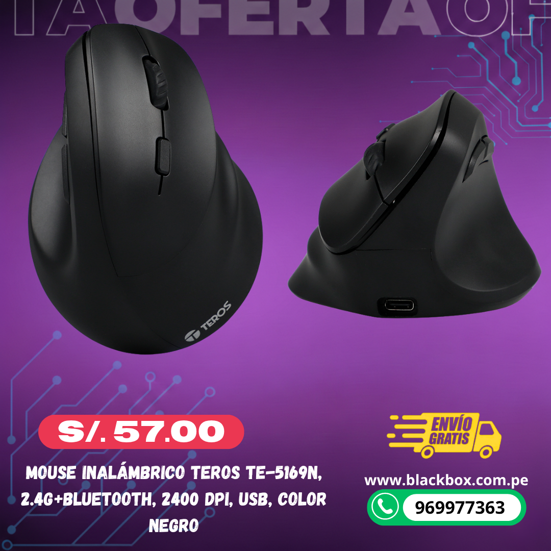 Mouse Inalámbrico Teros TE-5169N, 2.4G+Bluetooth, 2400 DPI, USB, Color Negro, recargable
